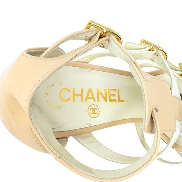 Chanel CC Logo Leather Strappy Gladiator Heels Sandals Black White Gold EU37 - Picture 8 of 11